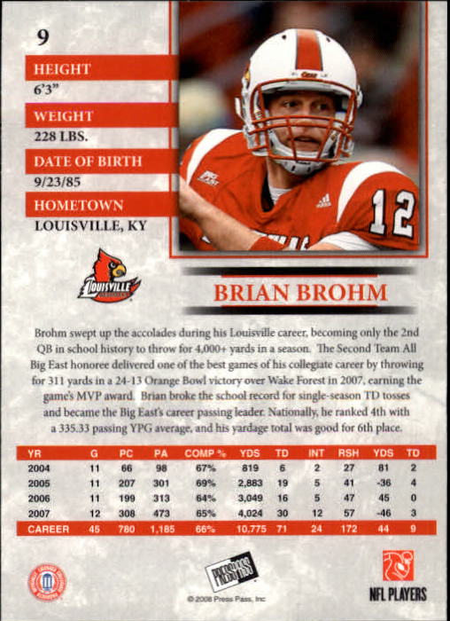 2008 Press Pass #9 Brian Brohm back image
