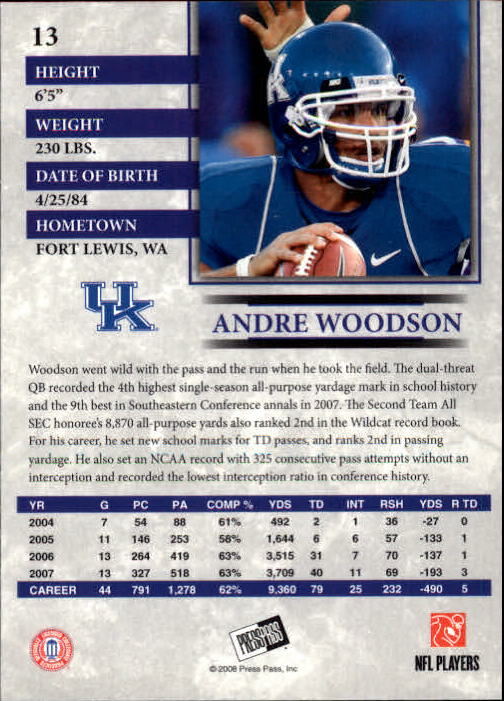 2008 Press Pass #13 Andre Woodson back image