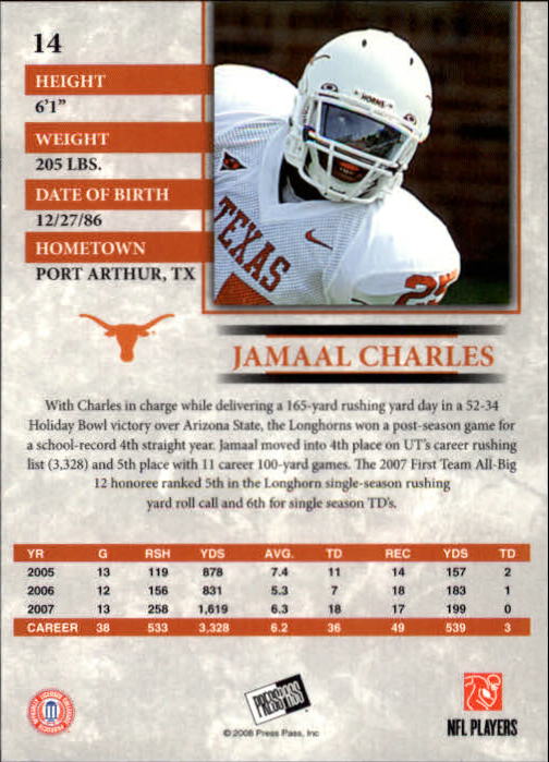 2008 Press Pass #14 Jamaal Charles back image