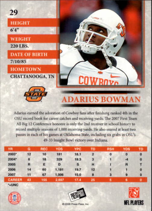 2008 Press Pass #29 Adarius Bowman back image