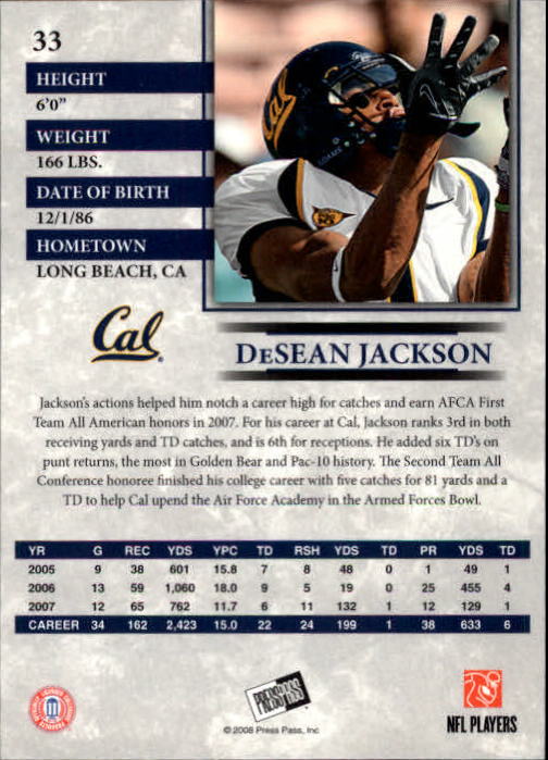 2008 Press Pass #33 DeSean Jackson back image