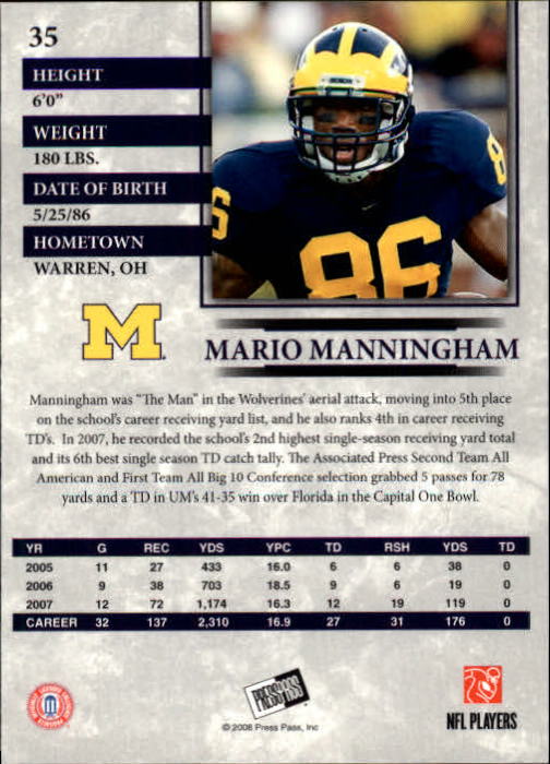 2008 Press Pass #35 Mario Manningham back image