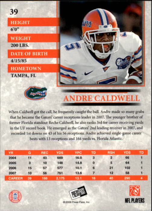 2008 Press Pass #39 Andre Caldwell back image