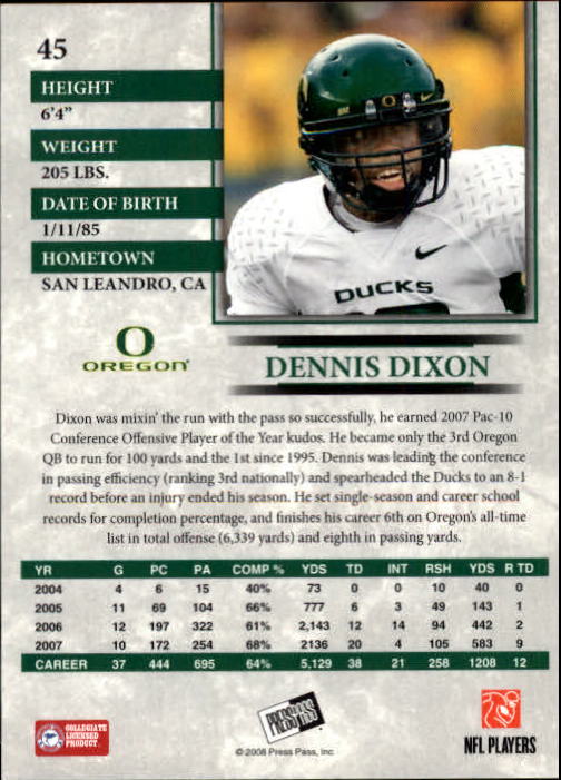 2008 Press Pass #45 Dennis Dixon back image
