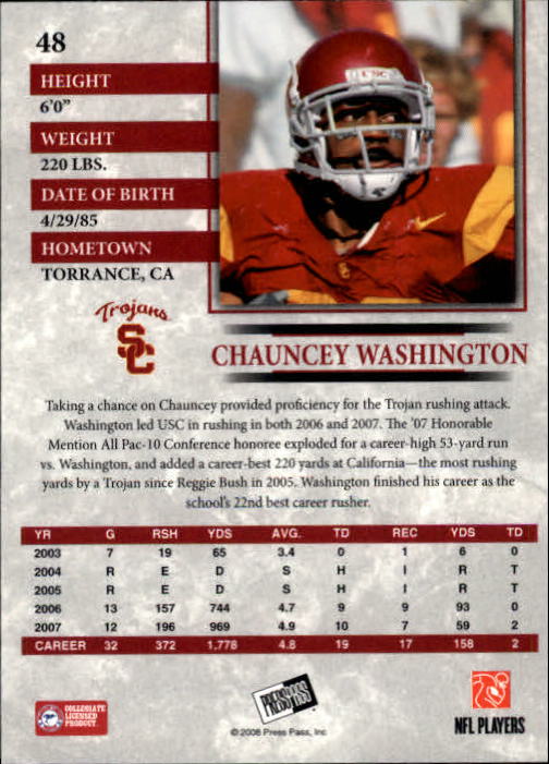 2008 Press Pass #48 Chauncey Washington back image