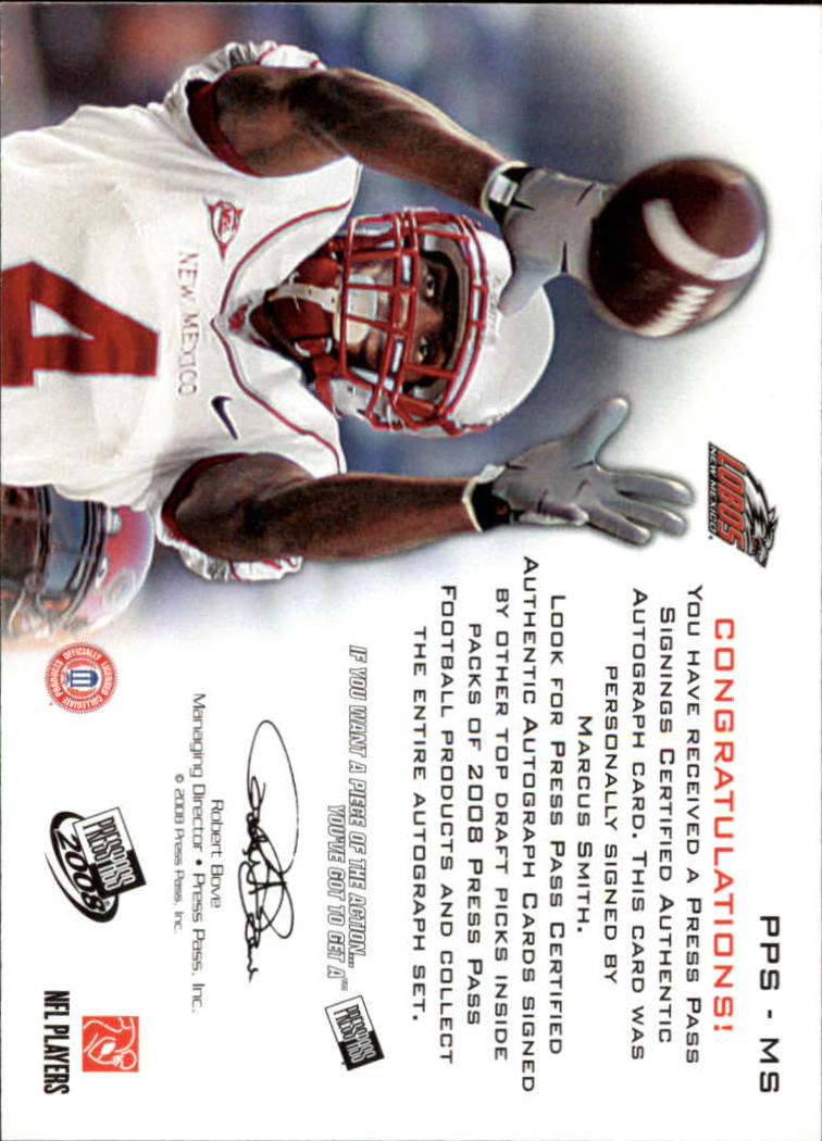 2008 Press Pass Autographs Silver #PPSMS Marcus Smith back image