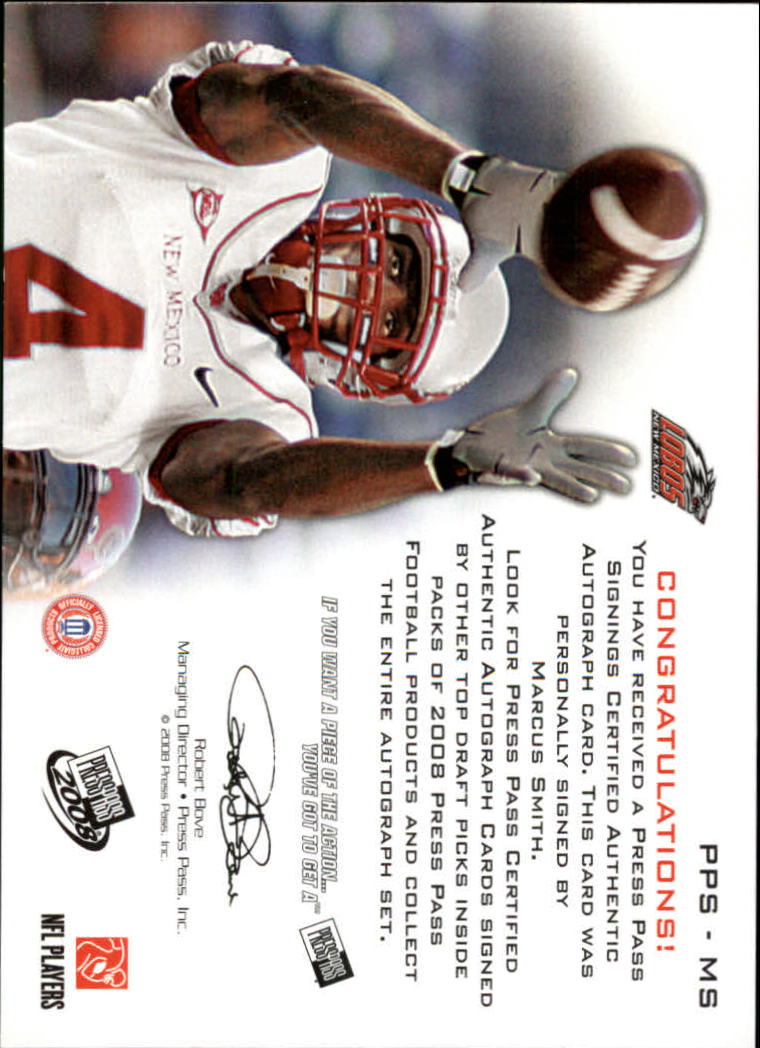 2008 Press Pass Autographs Gold #PPSMS Marcus Smith back image