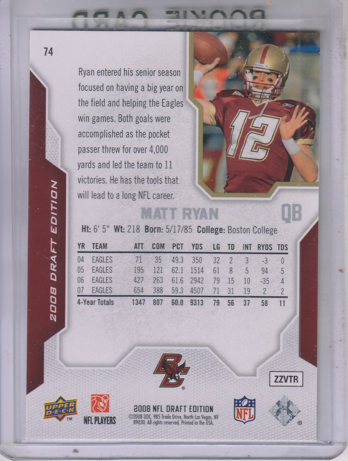 2008 Upper Deck Draft Edition #74 Matt Ryan RC back image