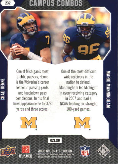 2008 Upper Deck Draft Edition #232 Chad Henne/Mario Manningham/Campus Combos back image