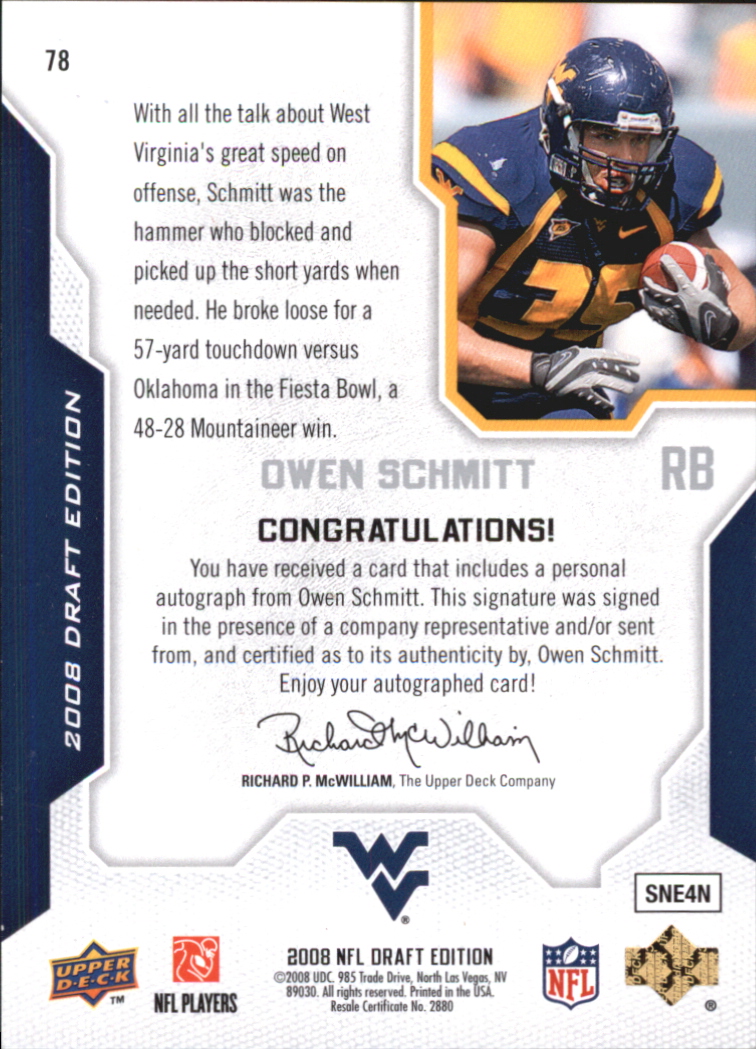 2008 Upper Deck Draft Edition Autographs #78 Owen Schmitt back image
