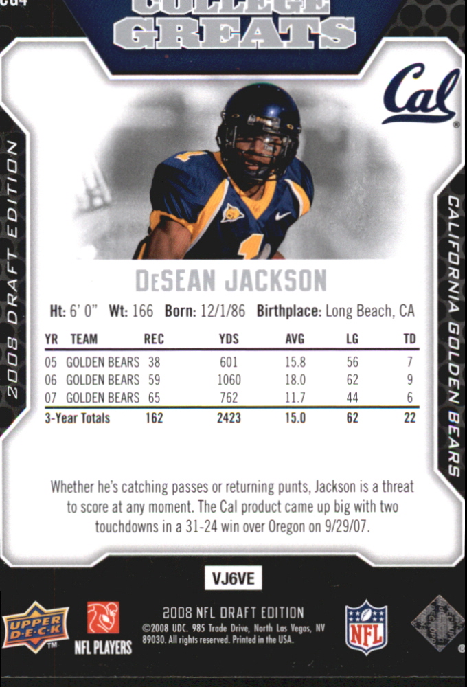 2008 Upper Deck Draft Edition College Greats #CG4 DeSean Jackson back image
