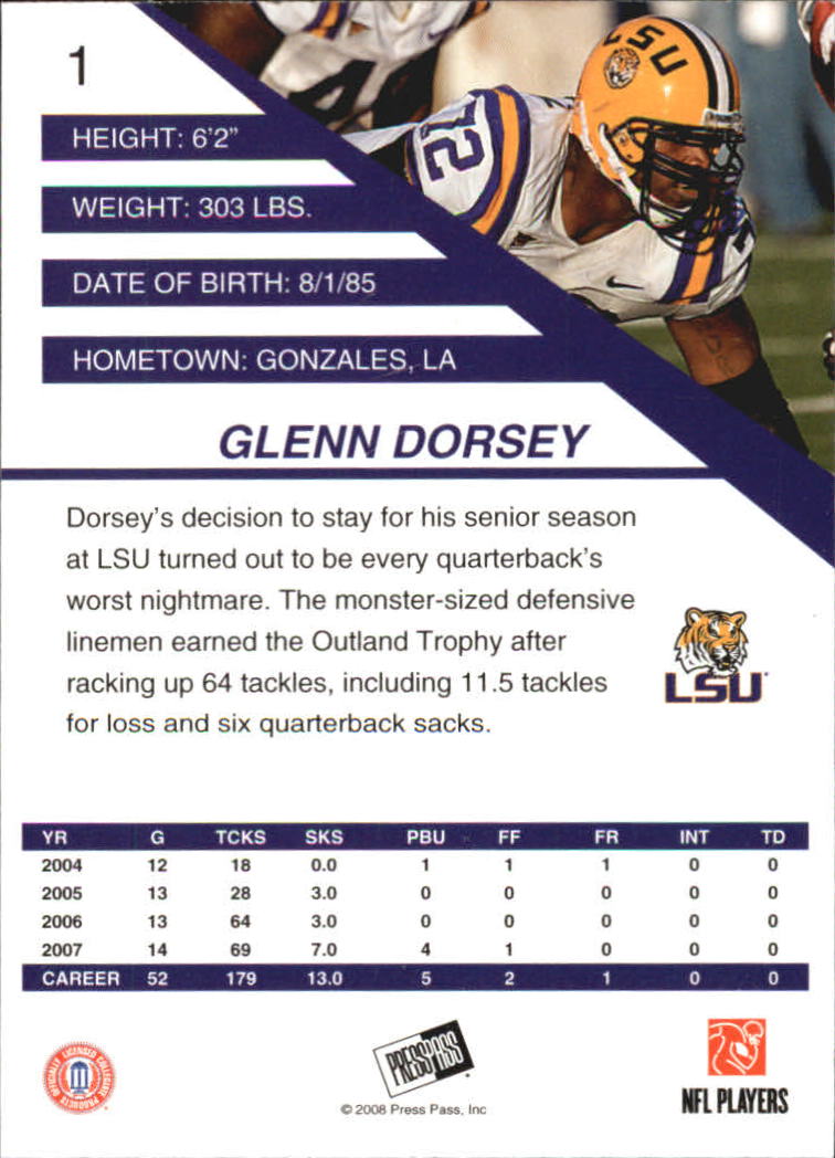 2008 Press Pass SE #1 Glenn Dorsey back image