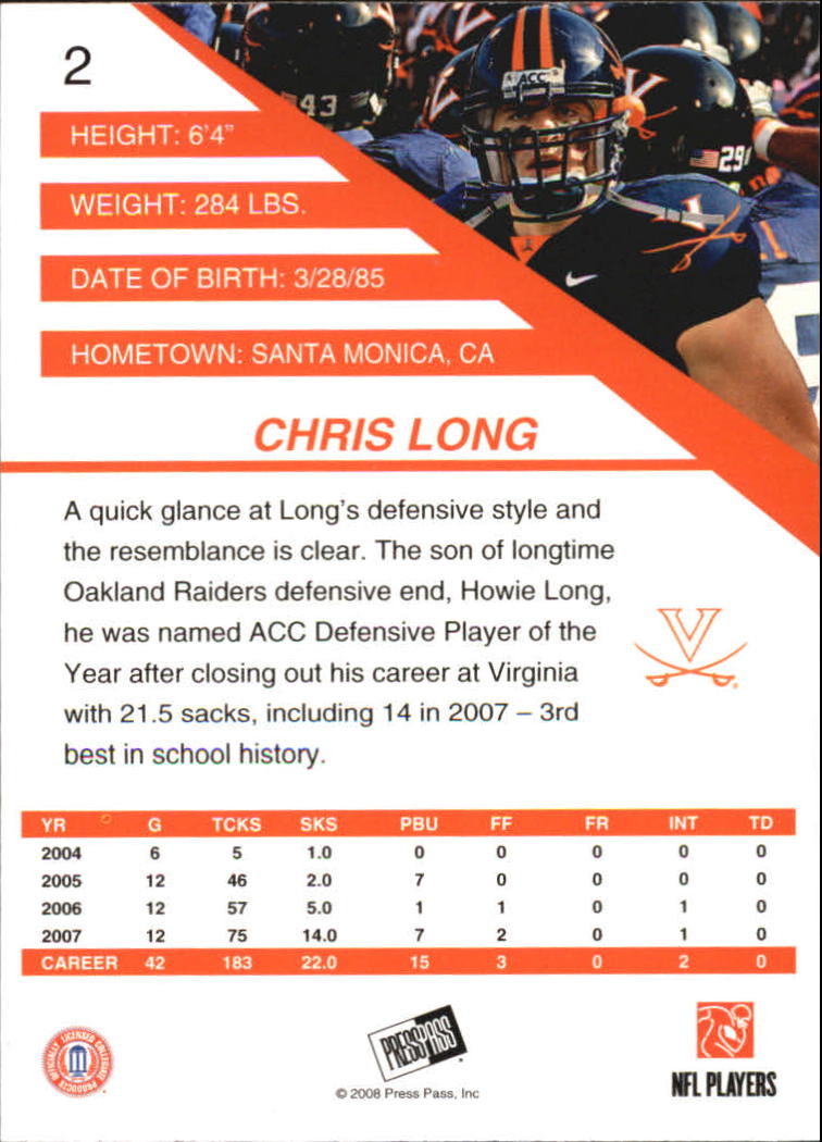 2008 Press Pass SE #2 Chris Long back image