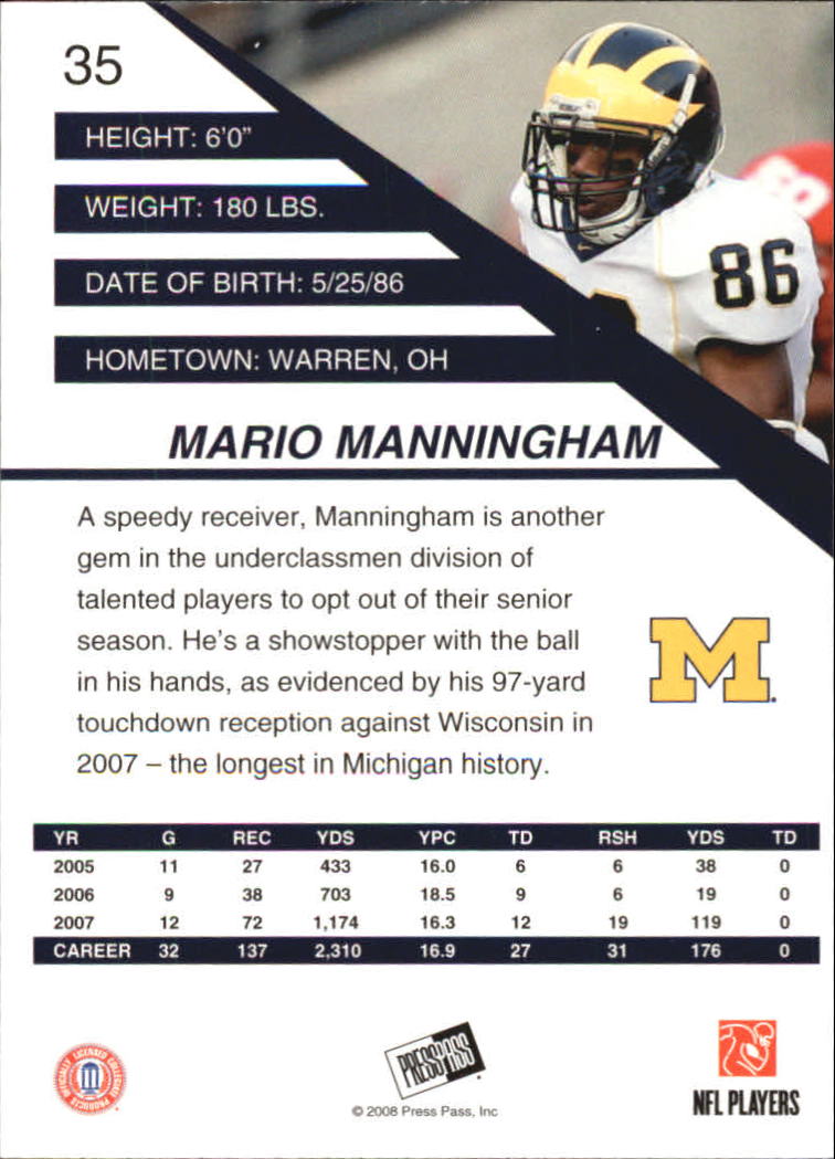 2008 Press Pass SE #35 Mario Manningham back image