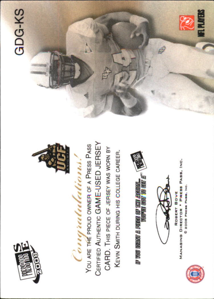 2008 Press Pass SE Game Day Gear Jerseys Silver #GDGKS Kevin Smith back image