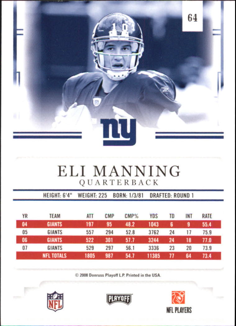 2008 Playoff Prestige #64 Eli Manning back image