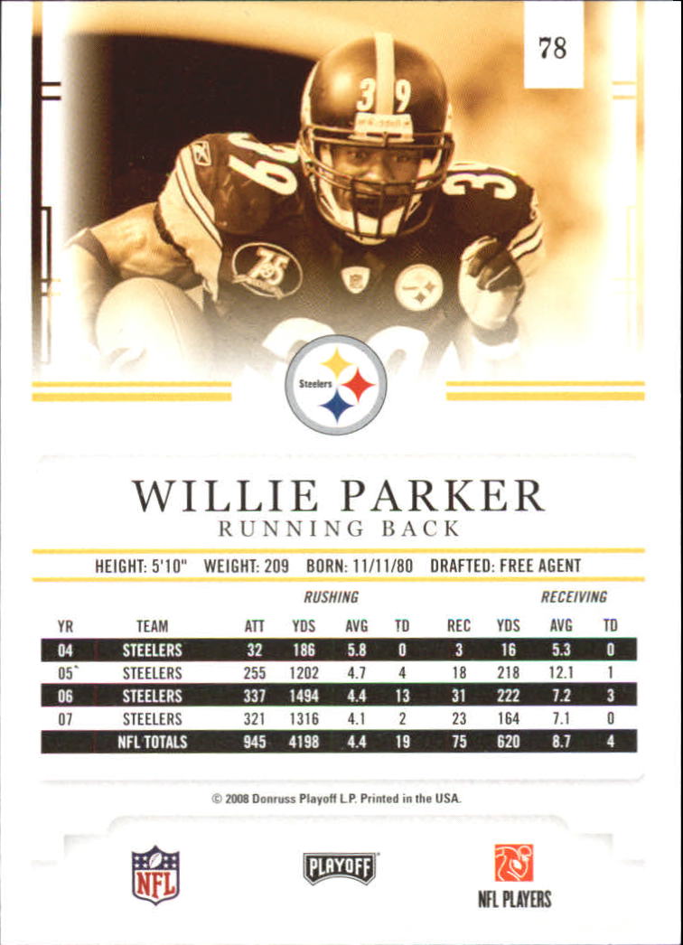 2008 Playoff Prestige #78 Willie Parker back image