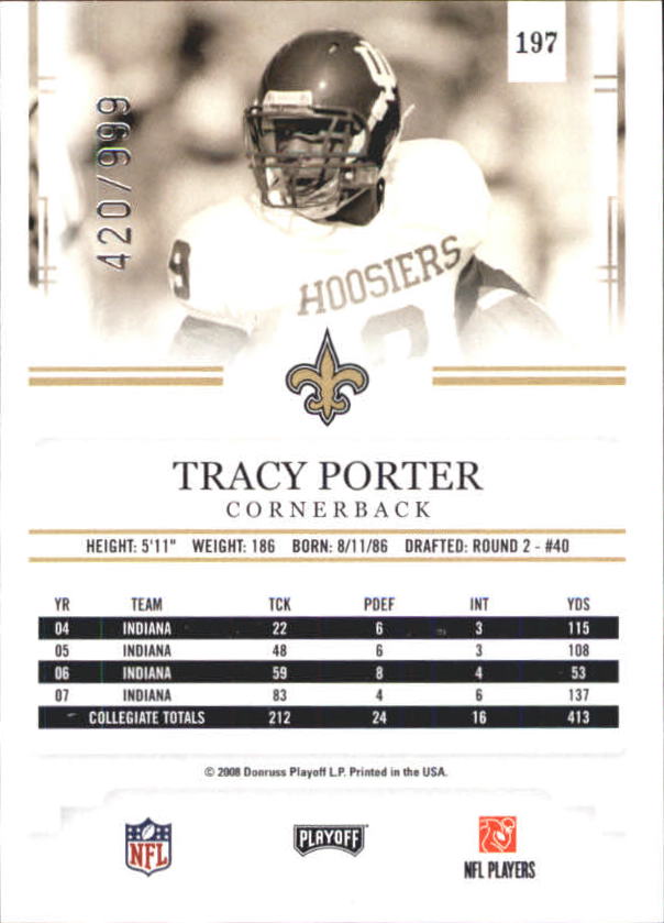 2008 Playoff Prestige Draft Picks Light Blue #197 Tracy Porter back image
