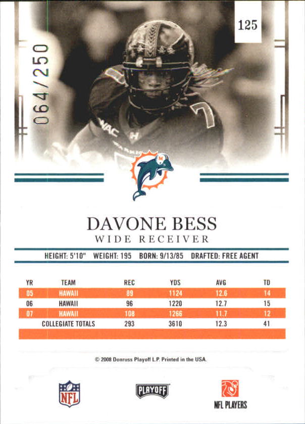 2008 Playoff Prestige Draft Picks Rights Autographs #125 Davone Bess/250 back image