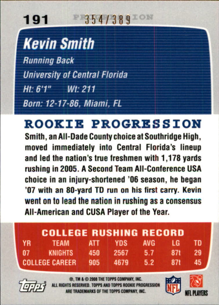 2008 Topps Rookie Progression Bronze #191 Kevin Smith back image