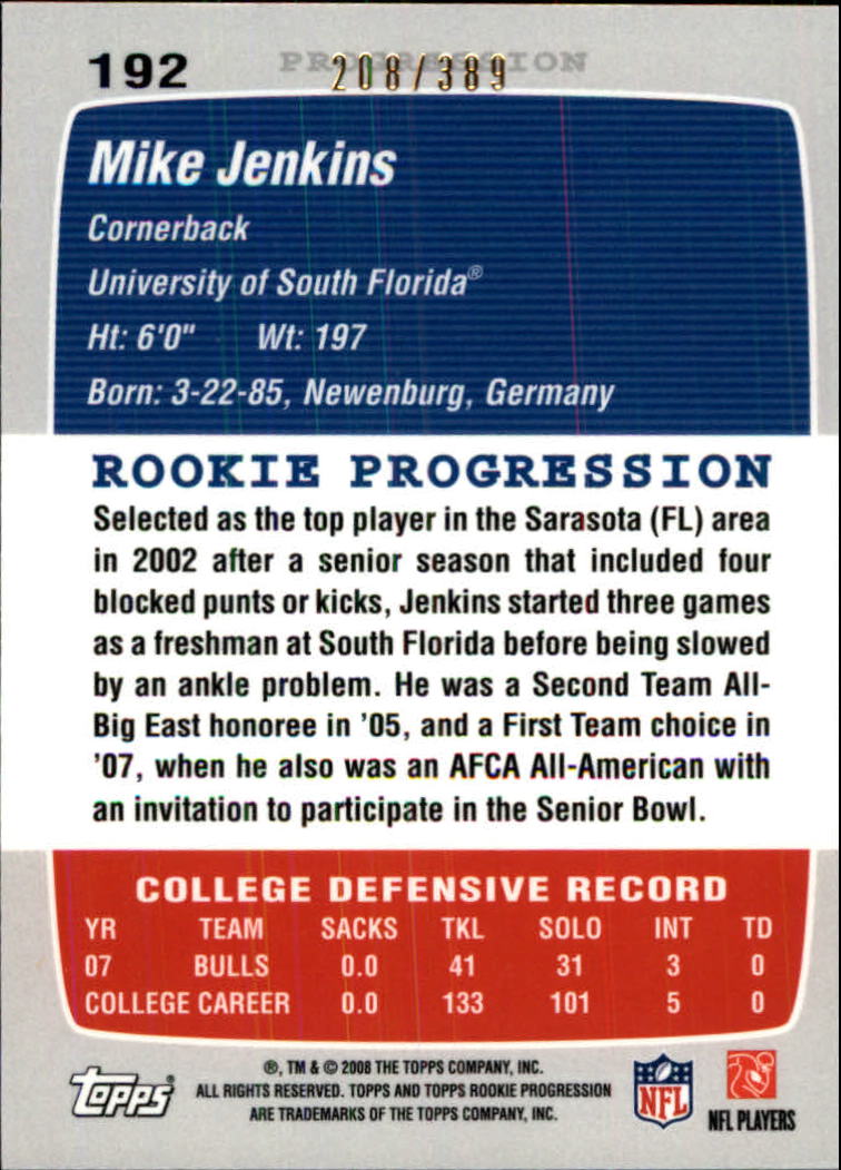 2008 Topps Rookie Progression Bronze #192 Mike Jenkins back image