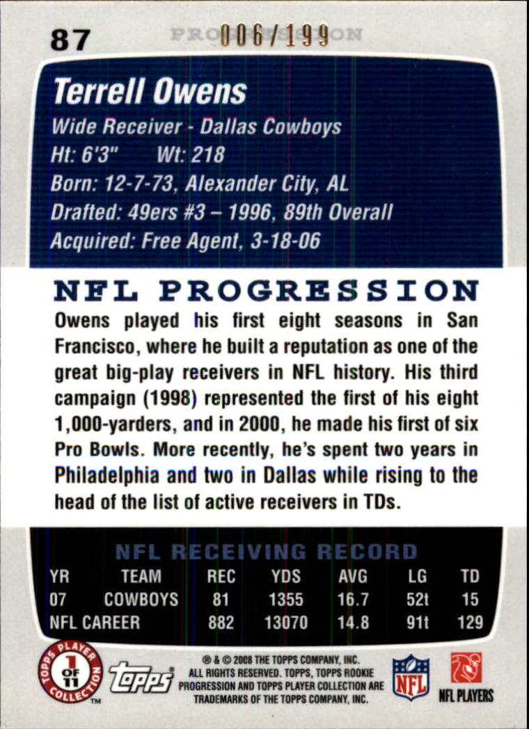 2008 Topps Rookie Progression Gold #87 Terrell Owens back image