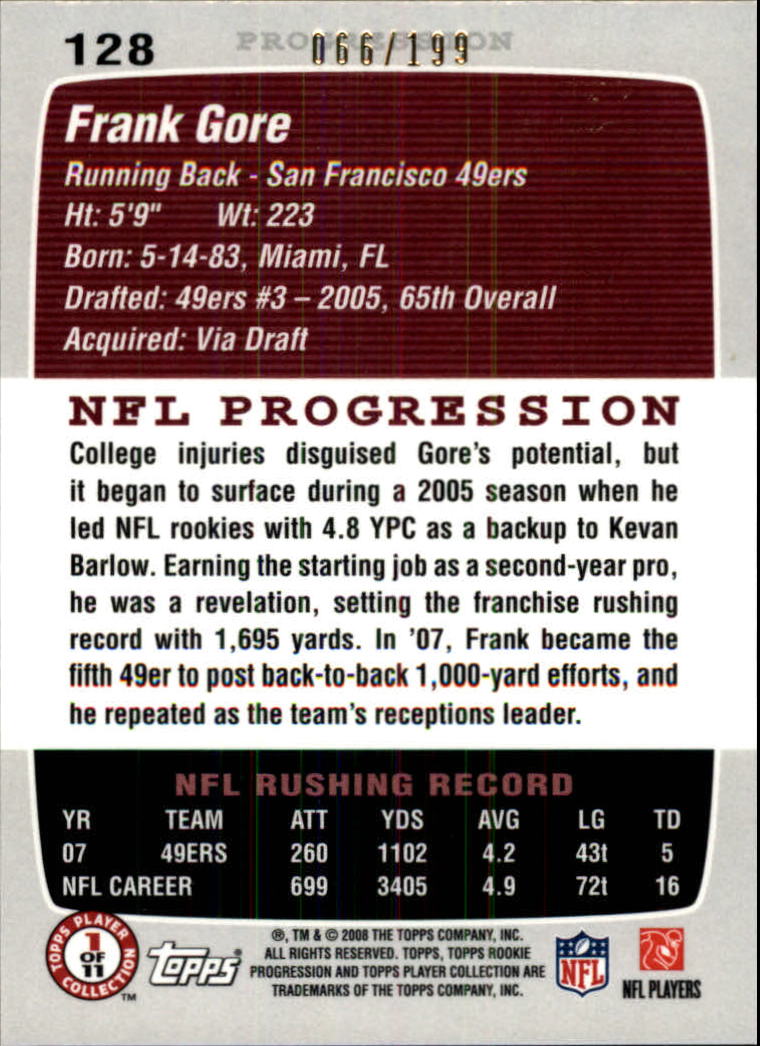 2008 Topps Rookie Progression Gold #128 Frank Gore back image