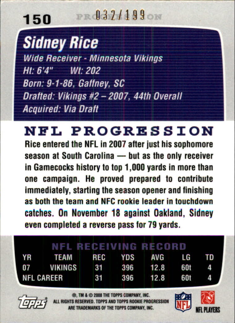 2008 Topps Rookie Progression Gold #150 Sidney Rice back image