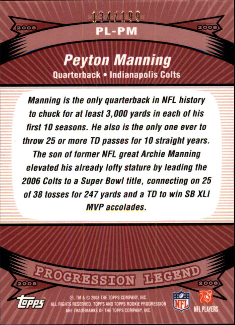 2008 Topps Rookie Progression Legends Gold #PLPM Peyton Manning back image
