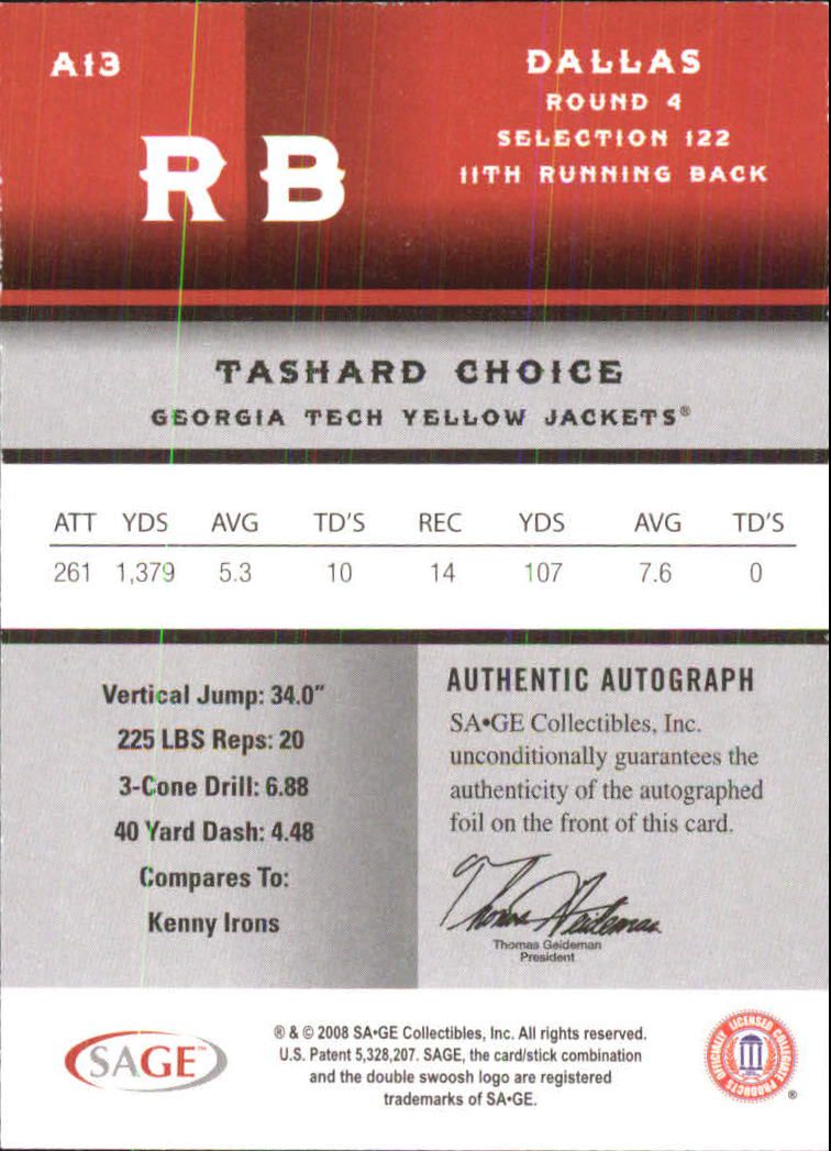 2008 SAGE Autographs Bronze #13 Tashard Choice back image