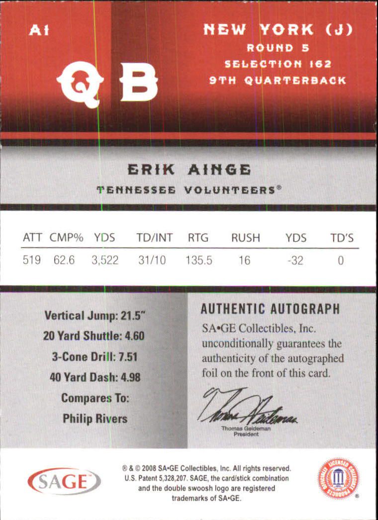 2008 SAGE Autographs Silver #1 Erik Ainge back image