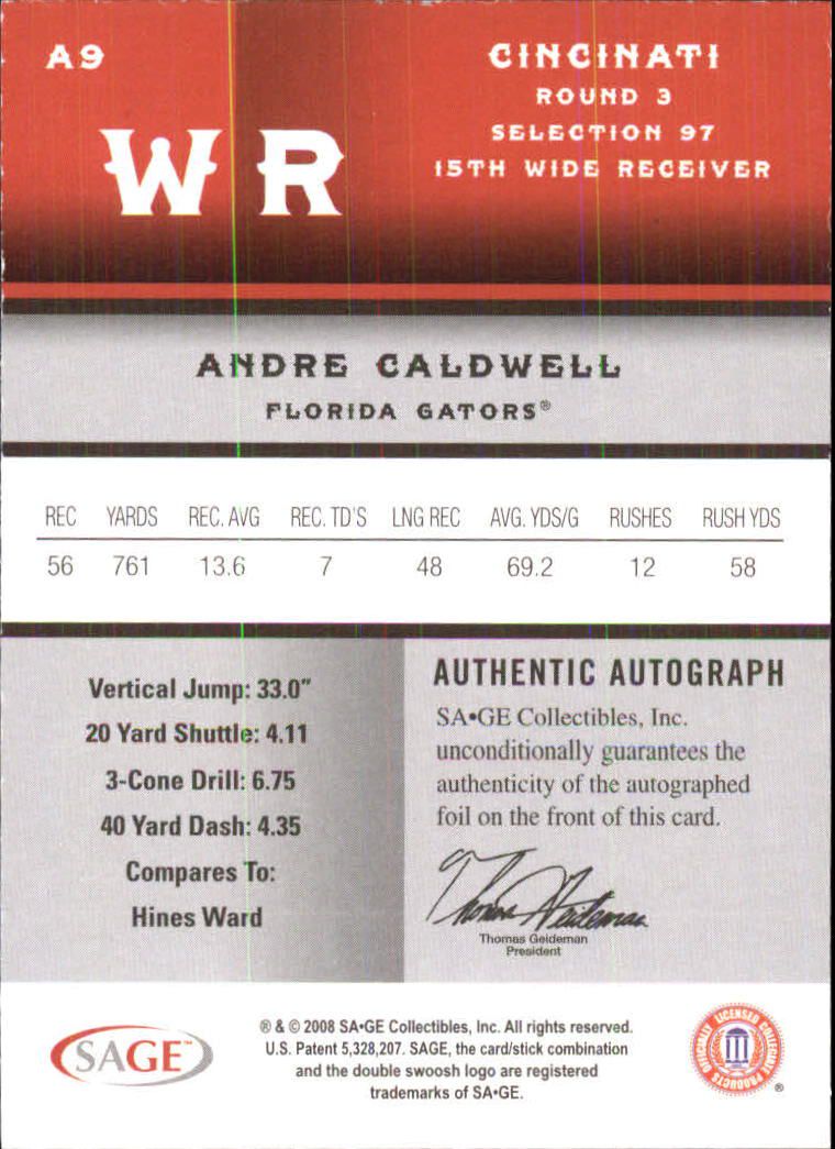 2008 SAGE Autographs Silver #9 Andre Caldwell back image