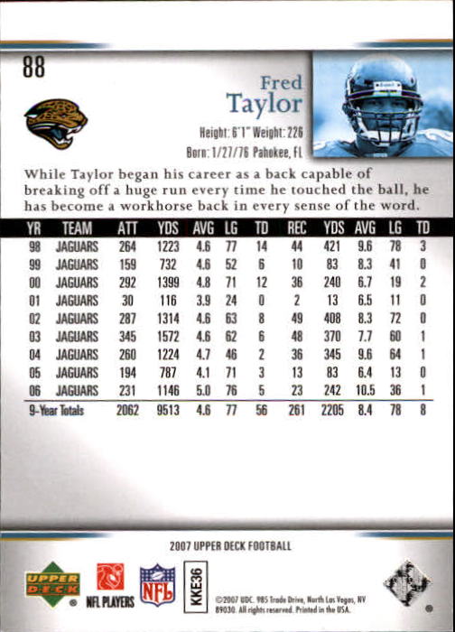 2007 Upper Deck Gold Predictor Edition #88 Fred Taylor back image