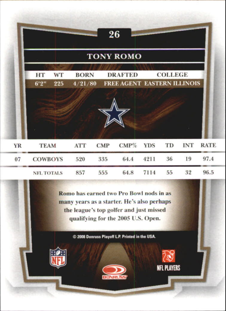 2008 Donruss Classics #26 Tony Romo back image