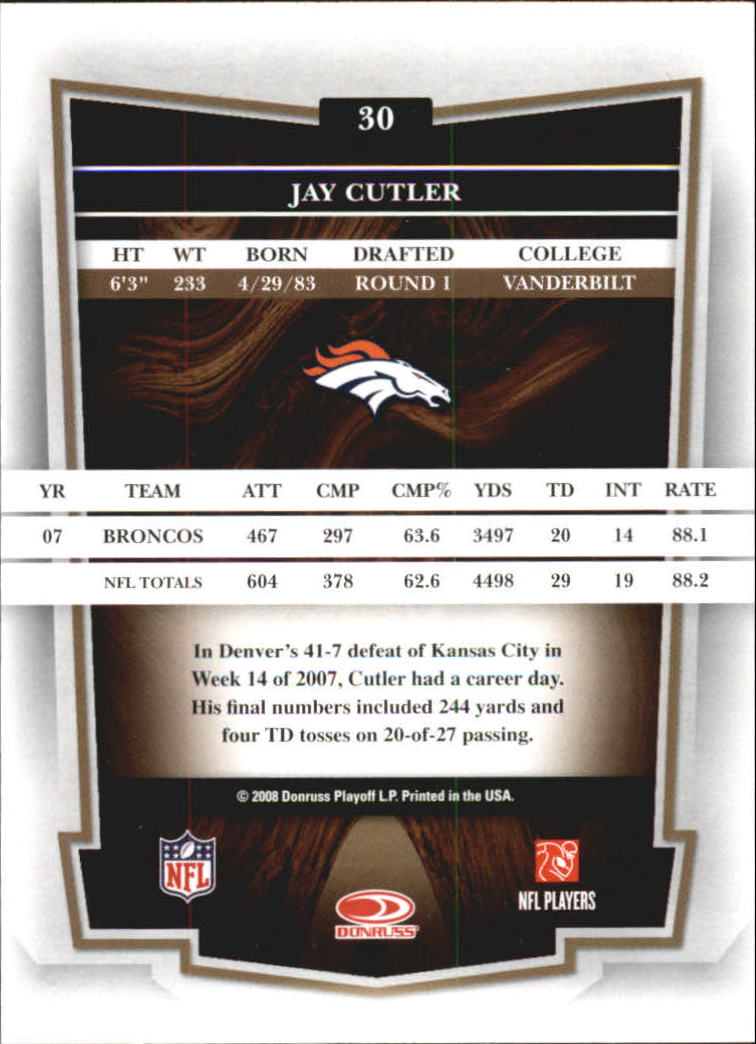 2008 Donruss Classics #30 Jay Cutler back image