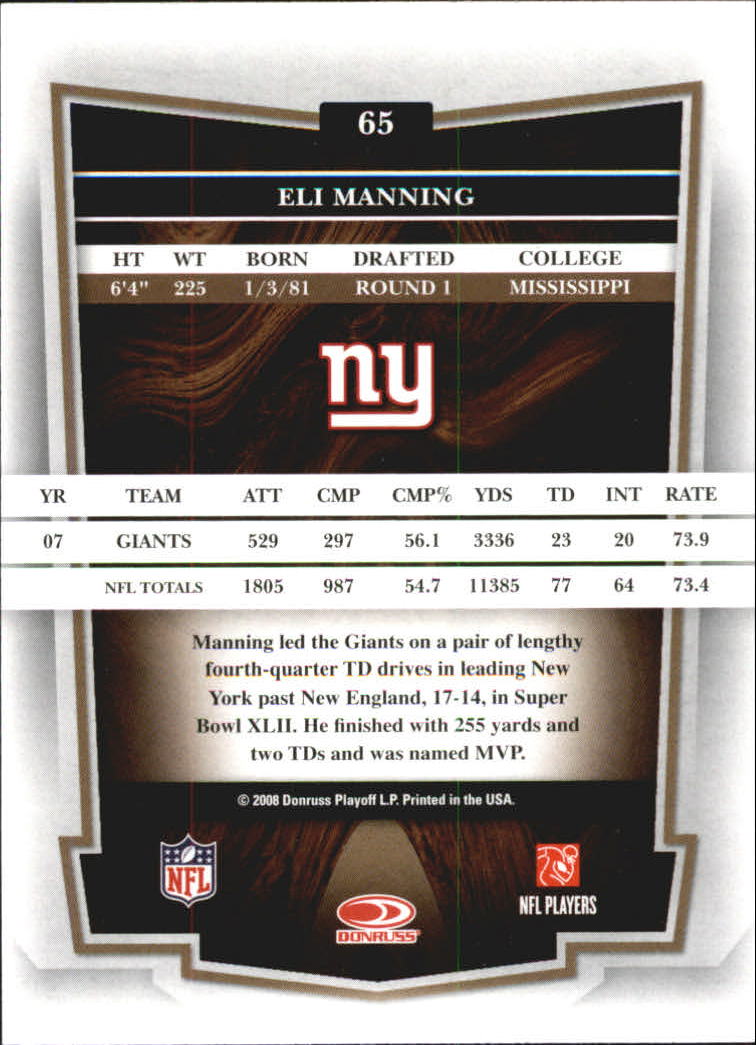 2008 Donruss Classics #65 Eli Manning back image