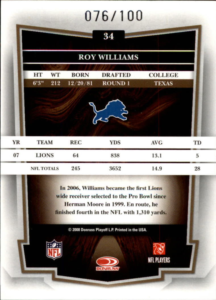 2008 Donruss Classics Timeless Tributes Silver #34 Roy Williams WR back image