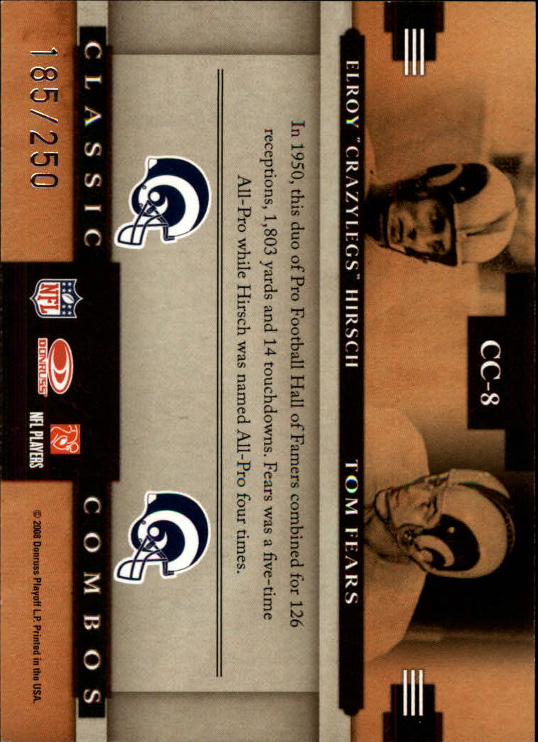 2008 Donruss Classics Classic Combos Silver Holofoil #8 E.Hirsch/T.Fears