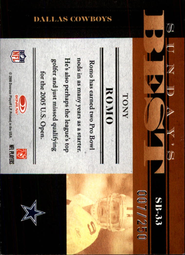 2008 Donruss Classics Sunday's Best Silver Holofoil #33 Tony Romo back image