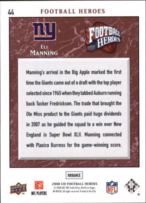 2008 Heroes (Upper Deck) Football "Main Set" Cards #1 to #269 - Picture 85 of 497