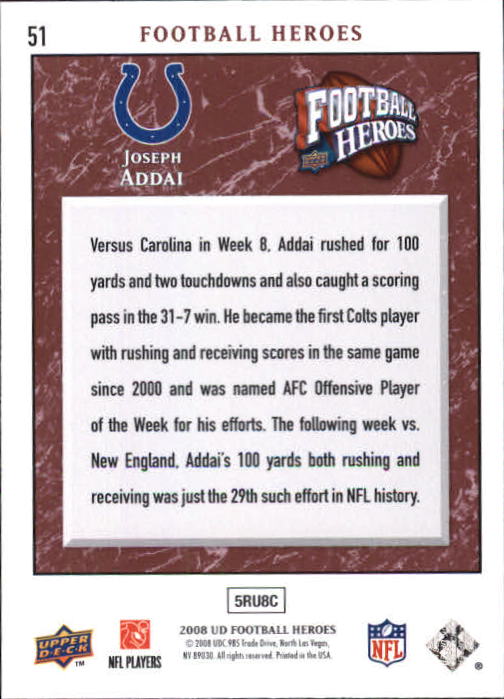 2008 Heroes (Upper Deck) Football "Main Set" Cards #1 to #269 - Picture 99 of 497