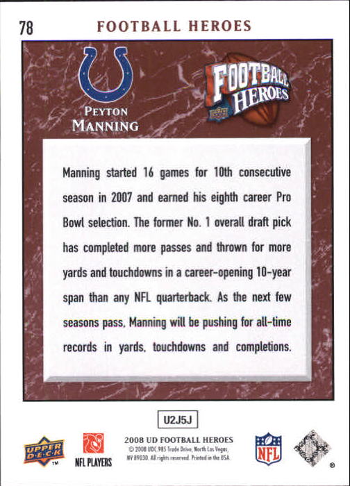2008 Heroes (Upper Deck) Football "Main Set" Cards #1 to #269 - Picture 153 of 497