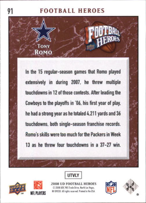 2008 Upper Deck Heroes #91 Tony Romo back image