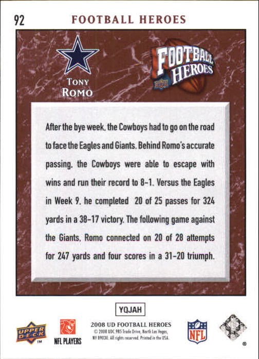 2008 Upper Deck Heroes #92 Tony Romo back image