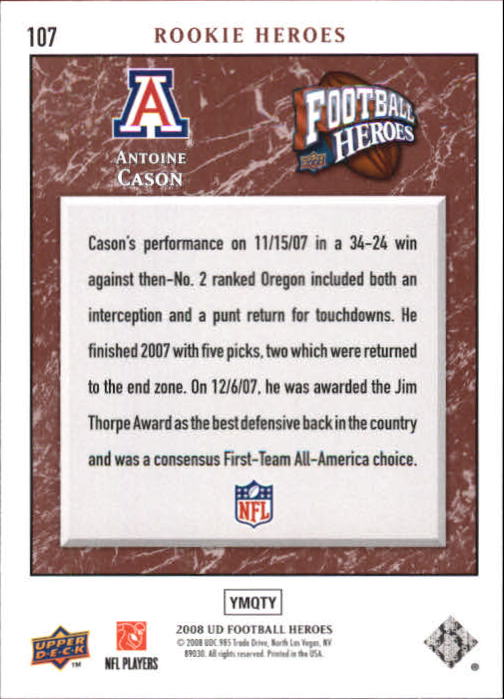 2008 Heroes (Upper Deck) Football "Main Set" Cards #1 to #269 - Picture 205 of 497