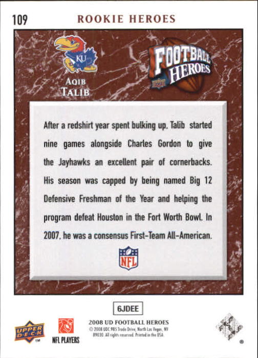 2008 Heroes (Upper Deck) Football "Main Set" Cards #1 to #269 - Picture 209 of 497