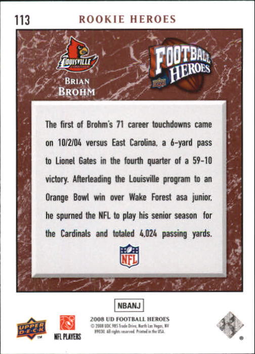 2008 Upper Deck Heroes #113 Brian Brohm RC back image