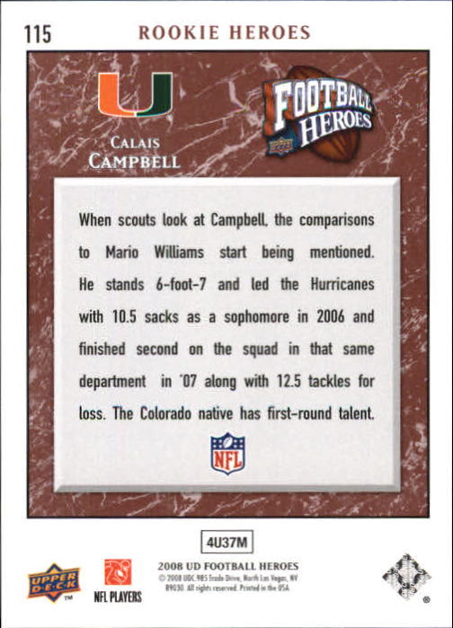 2008 Upper Deck Heroes #115 Calais Campbell RC back image