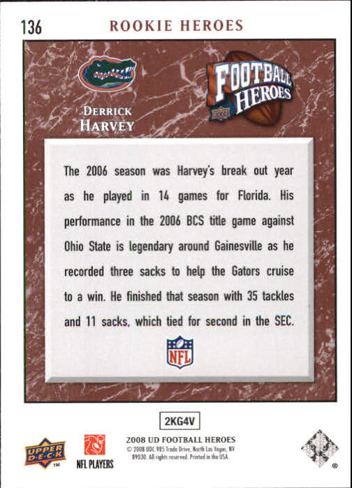 2008 Heroes (Upper Deck) Football "Main Set" Cards #1 to #269 - Picture 263 of 497