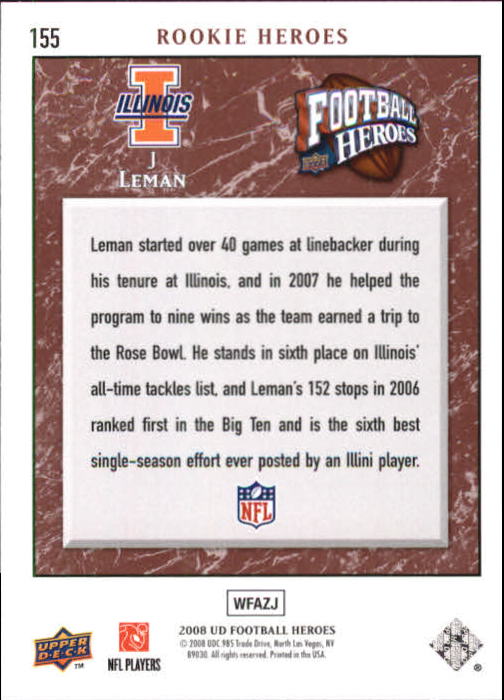 2008 Heroes (Upper Deck) Football "Main Set" Cards #1 to #269 - Picture 301 of 497